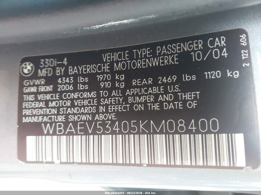 2005 BMW 3 series VIN WBAEV53405KM08400 IAAI salvage auction — REAR END, Salvage (Idaho), sold $825 on 2026-07-16 (photo 9)