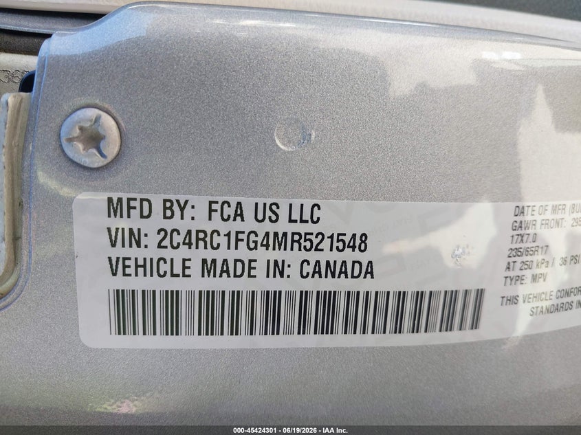 2021 Chrysler Pacifica VIN 2C4RC1FG4MR521548 IAAI salvage auction — FRONT END, Salvage (California), sold $10,100 on 2026-07-10 (photo 9)