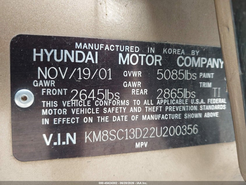 2002 Hyundai Santa fe VIN KM8SC13D22U200356 IAAI salvage auction — WATER/FLOOD, Non-Repairable (Texas), sold $400 on 2026-07-15 (photo 9)