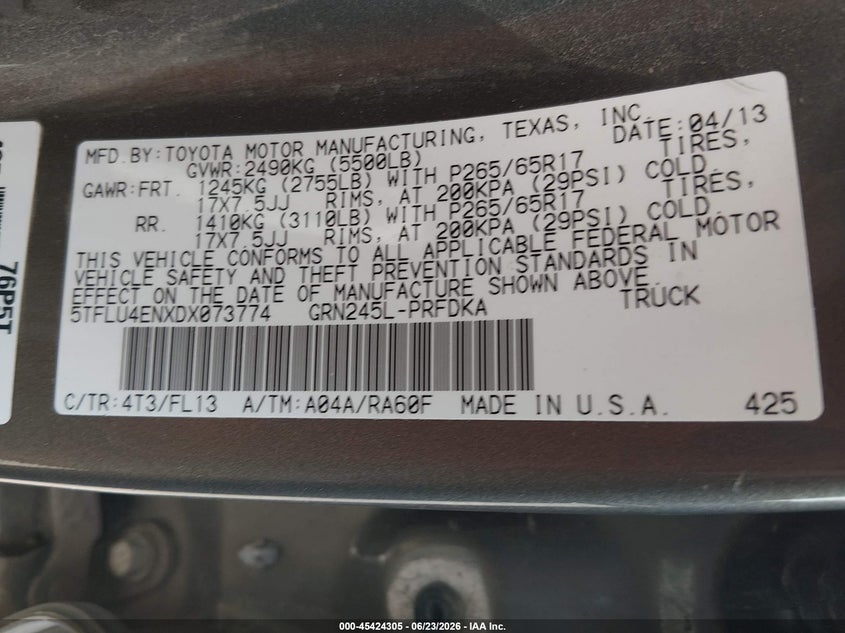 2013 Toyota Tacoma VIN 5TFLU4ENXDX073774 IAAI salvage auction — REAR END, Salvage (Mississippi), sold $6,400 on 2026-08-01 (photo 9)