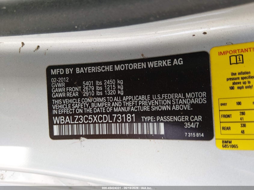 2012 BMW 6 series VIN WBALZ3C5XCDL73181 IAAI salvage auction — ENGINE DAMAGE, Clear (Virginia), sold $1,900 on 2026-07-17 (photo 9)