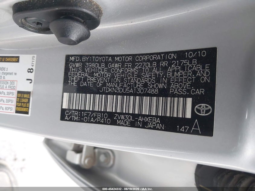 2010 Toyota Prius VIN JTDKN3DU5A1307488 IAAI salvage auction — UNDERCARRIAGE, Salvage (California), sold $2,500 on 2026-07-08 (photo 9)
