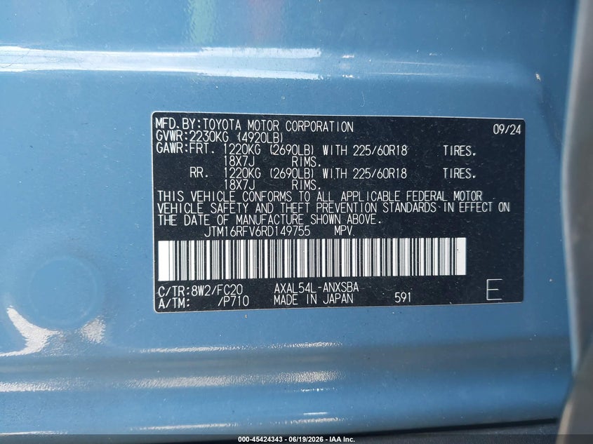 2024 Toyota Rav 4 VIN JTM16RFV6RD149755 IAAI salvage auction — REAR END, Bill Of Sale (Washington), sold $11,600 on 2026-07-16 (photo 9)