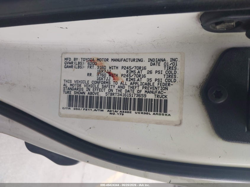 2001 Toyota Tundra VIN 5TBRT34161S173659 IAAI salvage auction — RIGHT REAR, Salvage (California), sold $1,175 on 2026-07-13 (photo 9)