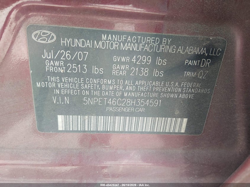 2008 Hyundai Sonata VIN 5NPET46C28H354591 IAAI salvage auction — SIDE, Salvage (South Carolina), sold $225 on 2026-07-22 (photo 9)