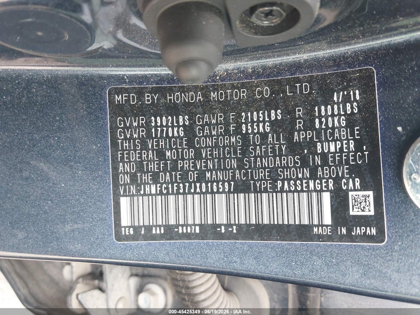 2018 Honda Civic VIN JHMFC1F37JX016597 IAAI salvage auction — ROOF, Salvage - Greater Than 75% (Maryland), sold $5,000 on 2026-07-14 (photo 9)