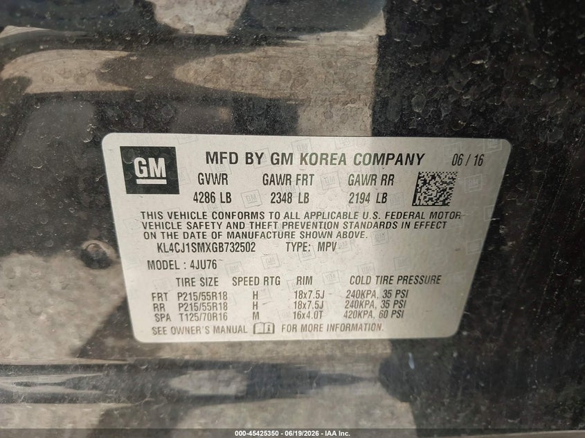 2016 Buick Encore VIN KL4CJ1SMXGB732502 IAAI salvage auction — FRONT END, Original (Texas), sold $25 on 2026-07-29 (photo 9)