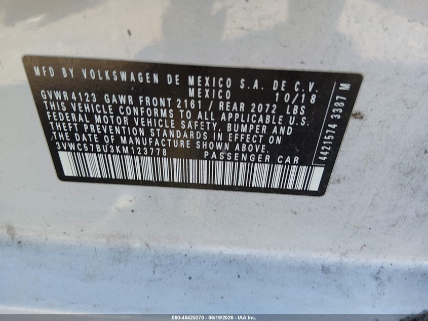 2019 Volkswagen Jetta VIN 3VWC57BU3KM123778 IAAI salvage auction — REAR END, Salvage Title, sold $2,250 on 2026-07-30 (photo 9)