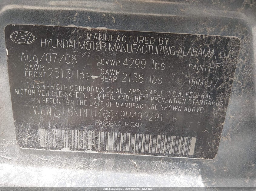 2009 Hyundai Sonata VIN 5NPEU46C49H499291 IAAI salvage auction — RIGHT FRONT, Salvage (Ohio), sold $375 on 2026-07-15 (photo 9)