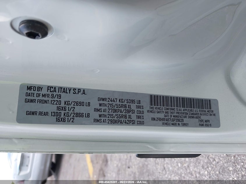2020 Ram Promaster city VIN ZFBHRFAB7L6P39639 IAAI salvage auction — SIDE, Certificate Of Destruction (Florida), sold $3,050 on 2026-07-29 (photo 9)
