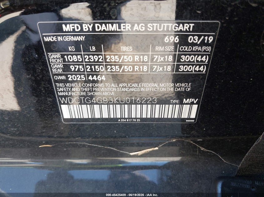 2019 Mercedes-benz Gla-klasse VIN WDCTG4GB3KU016223 IAAI salvage auction — FRONT & REAR, Salvage (California), sold $6,350 on 2026-07-20 (photo 9)