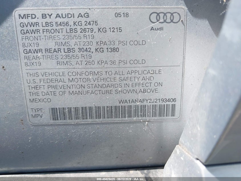 2018 Audi Q5 VIN WA1ANAFY2J2193406 IAAI salvage auction — REAR END, Salvage Title, sold $25 on 2026-07-29 (photo 9)