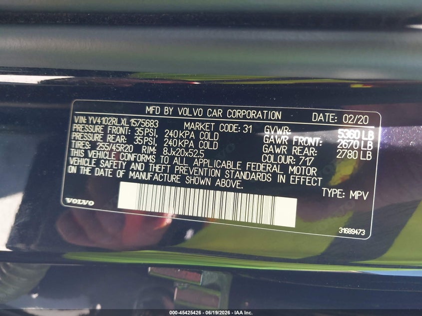 2020 Volvo Xc60 VIN YV4102RLXL1575683 IAAI salvage auction — LEFT SIDE, Salvage Title, sold $12,175 on 2026-08-03 (photo 9)