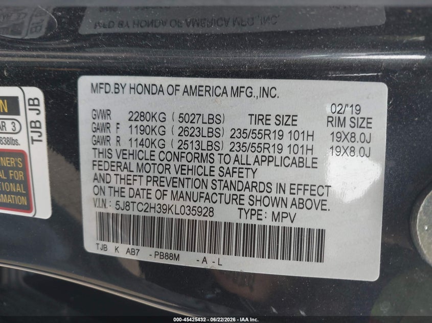 2019 Acura Rdx VIN 5J8TC2H39KL035928 IAAI salvage auction — SIDE, Salvage (Massachusetts), sold $4,900 on 2026-07-18 (photo 9)