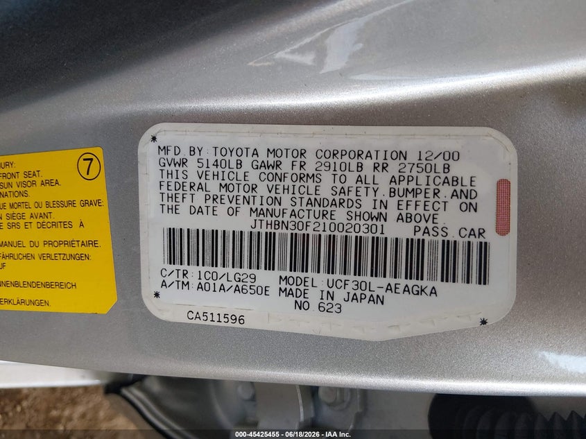 2001 Lexus Ls 430 VIN JTHBN30F210020301 IAAI salvage auction — FRONT END, Salvage (Arizona), sold $325 on 2026-07-07 (photo 9)