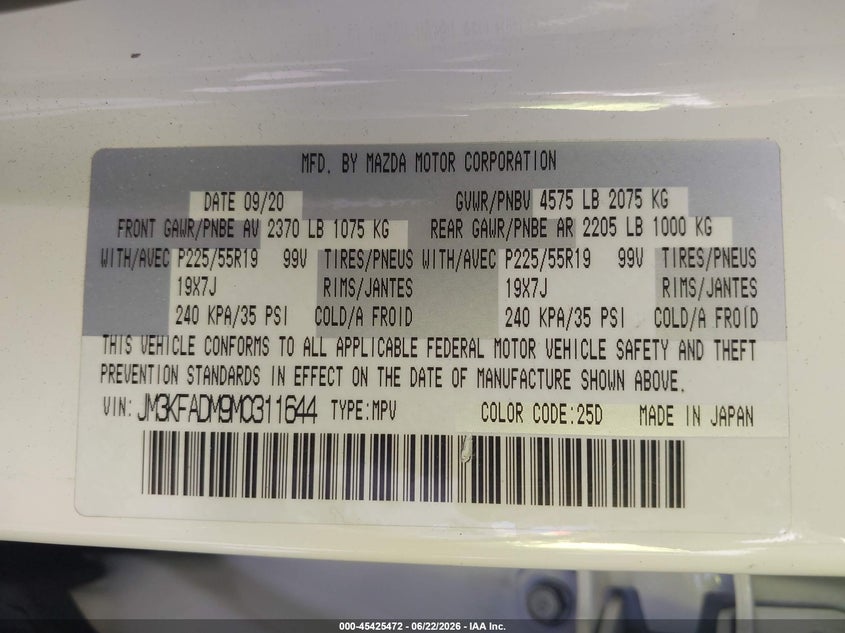 2021 Mazda Cx-5 VIN JM3KFADM9M0311644 IAAI salvage auction — FRONT END, Salvage (Arizona), sold $4,750 on 2026-07-28 (photo 9)