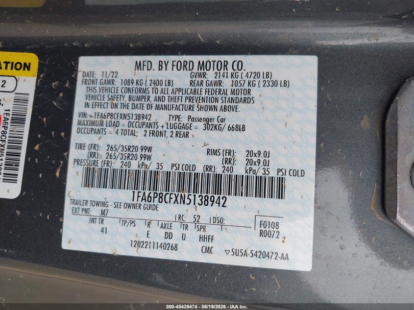 2022 Ford Mustang VIN 1FA6P8CFXN5138942 IAAI salvage auction — WATER/FLOOD, Salvage Title, sold $10,550 on 2026-08-22 (photo 9)