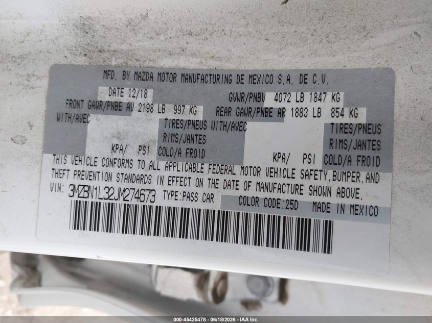 2018 Mazda 3 VIN 3MZBN1L32JM274673 IAAI salvage auction — LEFT FRONT, Salvage Title, sold $2,200 on 2026-09-27 (photo 9)