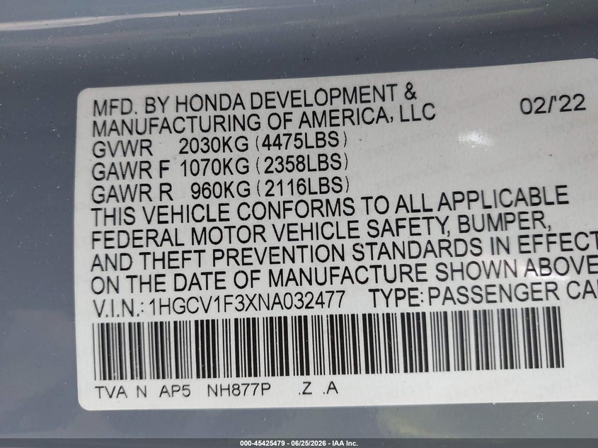 2022 Honda Accord VIN 1HGCV1F3XNA032477 IAAI salvage auction — LEFT SIDE, Salvage (North Carolina), sold $11,275 on 2026-07-30 (photo 9)