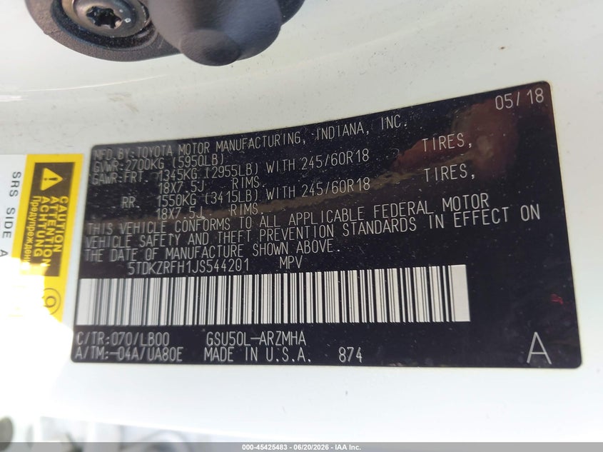 2018 Toyota Highlander VIN 5TDKZRFH1JS544201 IAAI salvage auction — RIGHT FRONT, Original (Texas), sold $12,000 on 2026-07-22 (photo 9)