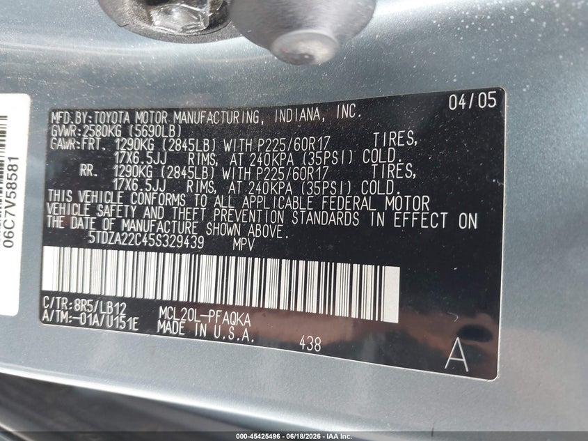 2005 Toyota Sienna VIN 5TDZA22C45S329439 IAAI salvage auction — NORMAL WEAR, Original (Ohio), sold $975 on 2026-07-07 (photo 9)