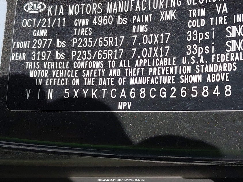 2012 Kia Sorento VIN 5XYKTCA68CG265848 IAAI salvage auction — NORMAL WEAR, Clear (Virginia), sold $650 on 2026-07-14 (photo 9)