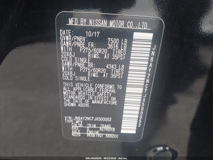 2018 Nissan Armada VIN JN8AY2NC7JX500052 IAAI salvage auction — NORMAL WEAR, Repossession Paperwork (Georgia), sold $525 on 2026-07-29 (photo 9)