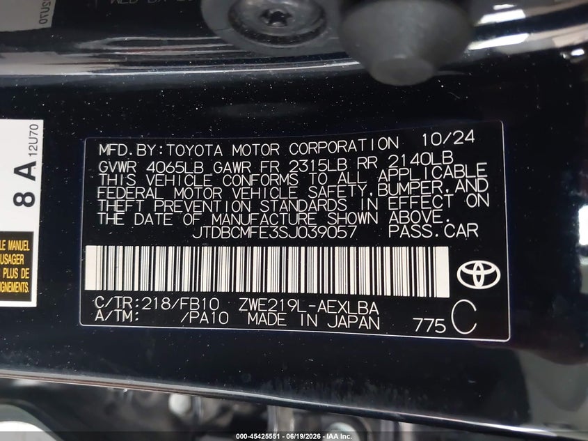 2025 Toyota Corolla VIN JTDBCMFE3SJ039057 IAAI salvage auction — FRONT END, Salvage Title, sold $6,000 on 2026-07-22 (photo 9)