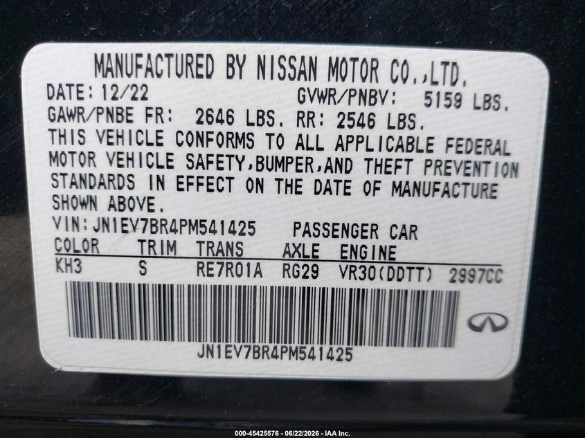 2023 Infiniti Q50 VIN JN1EV7BR4PM541425 IAAI salvage auction — FRONT & REAR, Salvage Title, sold $6,550 on 2026-08-29 (photo 9)