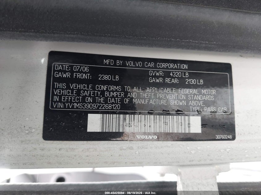 2007 Volvo S40 VIN YV1MS390972268120 IAAI salvage auction — NORMAL WEAR, App For Dup Clear (California), sold $125 on 2026-08-10 (photo 9)