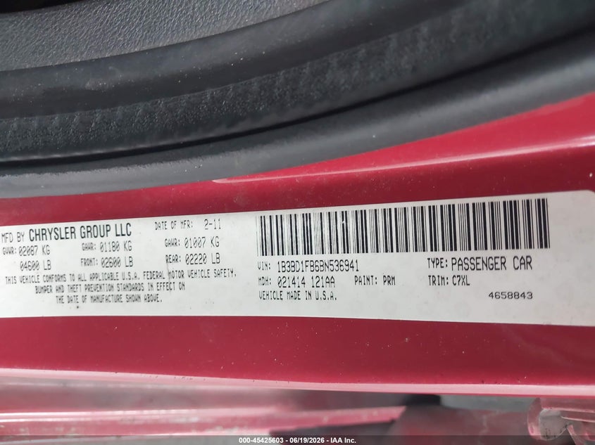 2011 Dodge Avenger VIN 1B3BD1FB6BN536941 IAAI salvage auction — ALL OVER, Rebuildable (Florida), sold $325 on 2026-07-09 (photo 9)