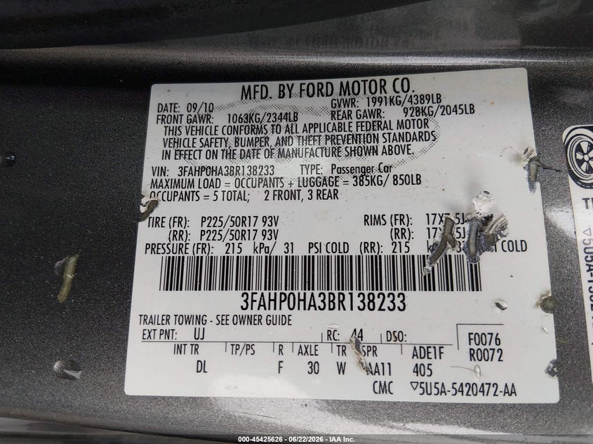 2011 Ford Fusion VIN 3FAHP0HA3BR138233 IAAI salvage auction — RIGHT FRONT, Salvage (Ohio), sold $600 on 2026-07-09 (photo 9)