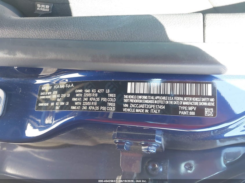 2016 Jeep Renegade VIN ZACCJABT2GPE17454 IAAI salvage auction — FRONT END, Salvage (Missouri), sold $1,900 on 2026-07-28 (photo 9)