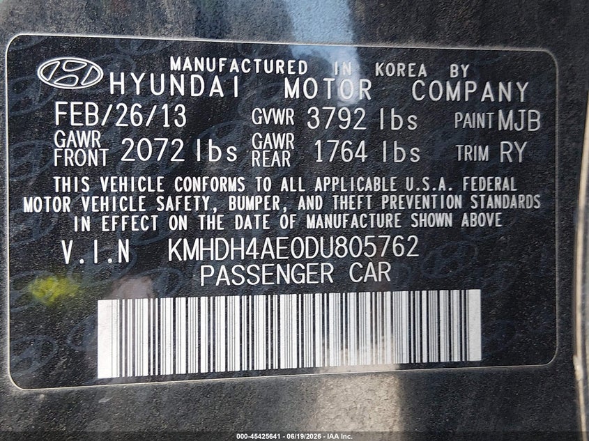 2013 Hyundai Elantra VIN KMHDH4AE0DU805762 IAAI salvage auction — NORMAL WEAR, Salvage Title, sold $700 on 2026-07-15 (photo 9)