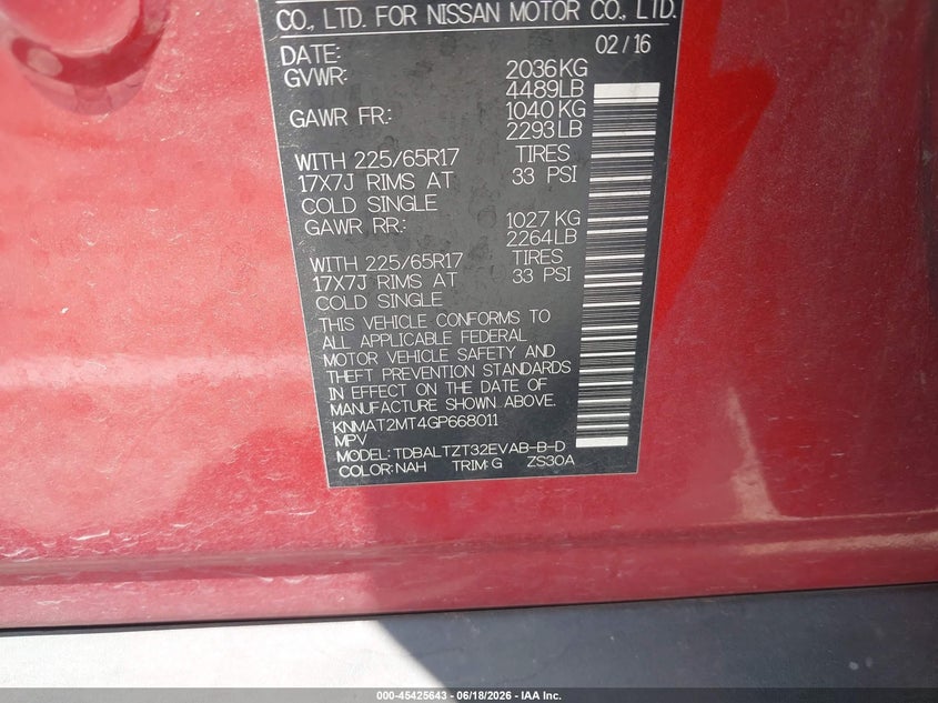 2016 Nissan Rogue VIN KNMAT2MT4GP668011 IAAI salvage auction — FRONT END, Salvage (California), sold $2,025 on 2026-07-08 (photo 9)