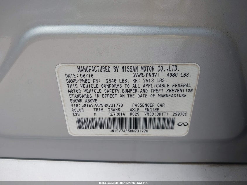 2017 Infiniti Q50 VIN JN1EV7AP5HM731770 IAAI salvage auction — NORMAL WEAR, Repossession Paperwork (Georgia), sold $6,800 on 2026-07-22 (photo 9)