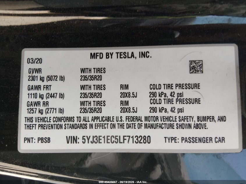 2020 Tesla Model 3 VIN 5YJ3E1EC5LF713280 IAAI salvage auction — RIGHT REAR, Salvage (Kansas), sold $9,200 on 2026-07-23 (photo 9)
