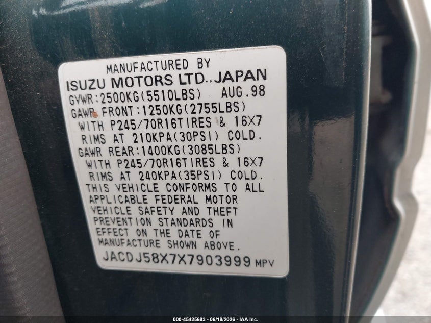 1999 Isuzu Trooper VIN JACDJ58X7X7903999 IAAI salvage auction — NORMAL WEAR, Original (Texas), sold $675 on 2026-07-06 (photo 9)