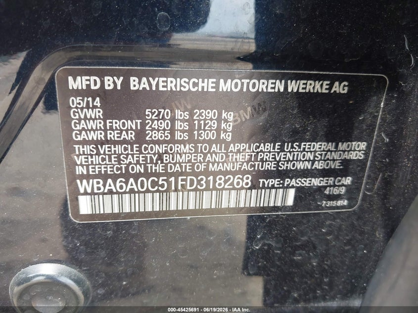 2015 BMW 6er VIN WBA6A0C51FD318268 IAAI salvage auction — FRONT END, Original (Texas), sold $5,500 on 2026-07-23 (photo 9)