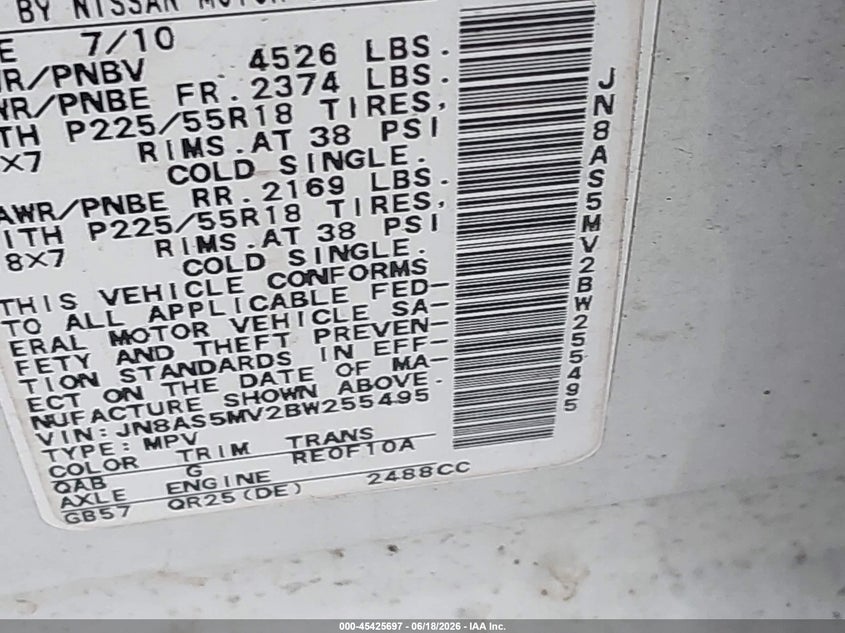 2011 Nissan Rogue VIN JN8AS5MV2BW255495 IAAI salvage auction — NORMAL WEAR, Clear (New Jersey), sold $450 on 2026-07-28 (photo 9)