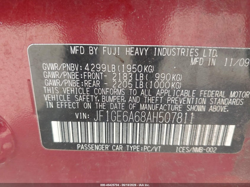 2010 Subaru Impreza VIN JF1GE6A68AH507811 IAAI salvage auction — NORMAL WEAR, Original (Texas), sold $350 on 2026-07-29 (photo 9)