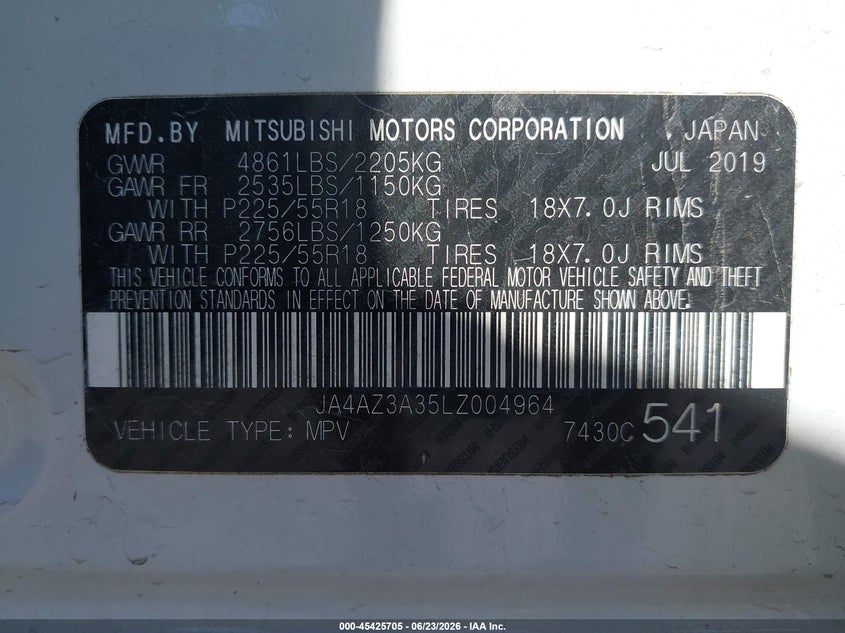 2020 Mitsubishi Outlander VIN JA4AZ3A35LZ004964 IAAI salvage auction — FRONT END, Salvage Title, sold $3,450 on 2026-07-25 (photo 9)