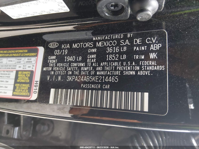 2019 Kia Rio VIN 3KPA24AB5KE214465 IAAI salvage auction — THEFT, Clear (Indiana), sold $1,950 on 2026-07-18 (photo 9)