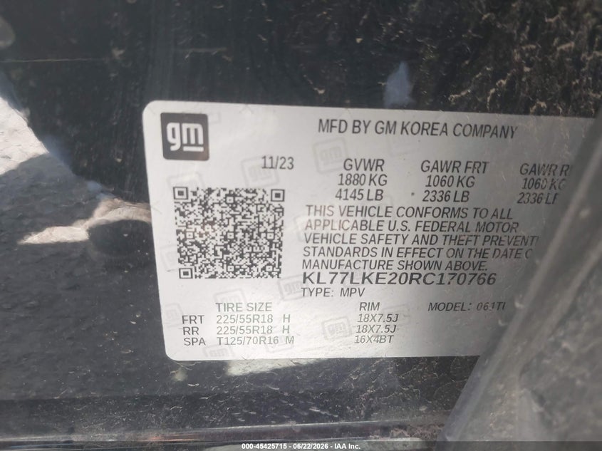 2024 Chevrolet Trax VIN KL77LKE20RC170766 IAAI salvage auction — RIGHT SIDE, Salvage (Texas), sold $6,975 on 2026-07-27 (photo 9)
