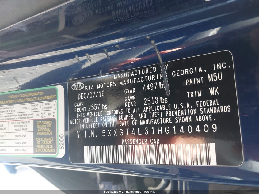 2017 Kia Optima VIN 5XXGT4L31HG140409 IAAI salvage auction — ENGINE BURN, Salvage Title, sold $150 on 2026-07-14 (photo 9)