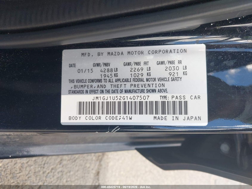 2016 Mazda 6 VIN JM1GJ1U52G1407507 IAAI salvage auction — FRONT & REAR, Salvage (Connecticut), sold $975 on 2026-07-09 (photo 9)