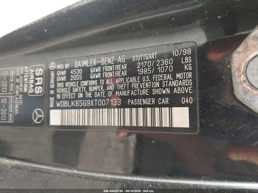 1999 Mercedes-benz Clk-class VIN WDBLK65G9XT007133 IAAI salvage auction — LEFT FRONT, Clear (Virginia), sold $300 on 2026-07-17 (photo 9)