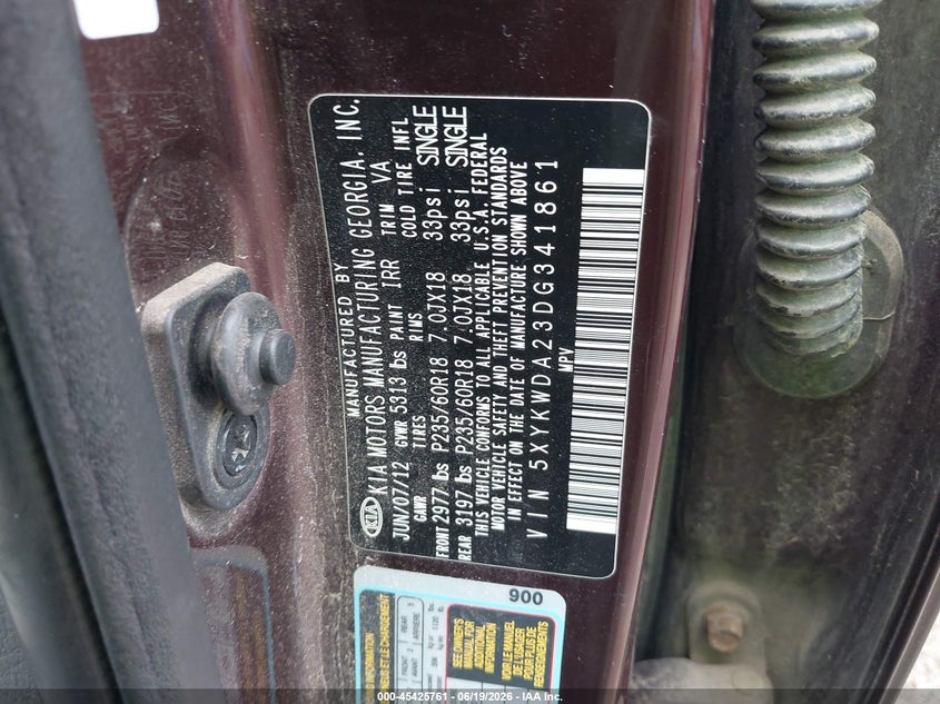 2013 Kia Sorento VIN 5XYKWDA23DG341861 IAAI salvage auction — RIGHT FRONT, Salvage Title, sold $650 on 2026-07-08 (photo 9)