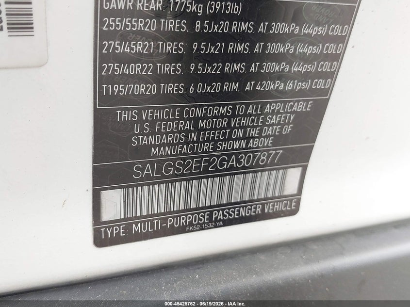 2016 Land rover RANGE ROVER VIN SALGS2EF2GA307877 IAAI salvage auction — LEFT FRONT, Salvage Title, sold $3,650 on 2026-07-22 (photo 9)