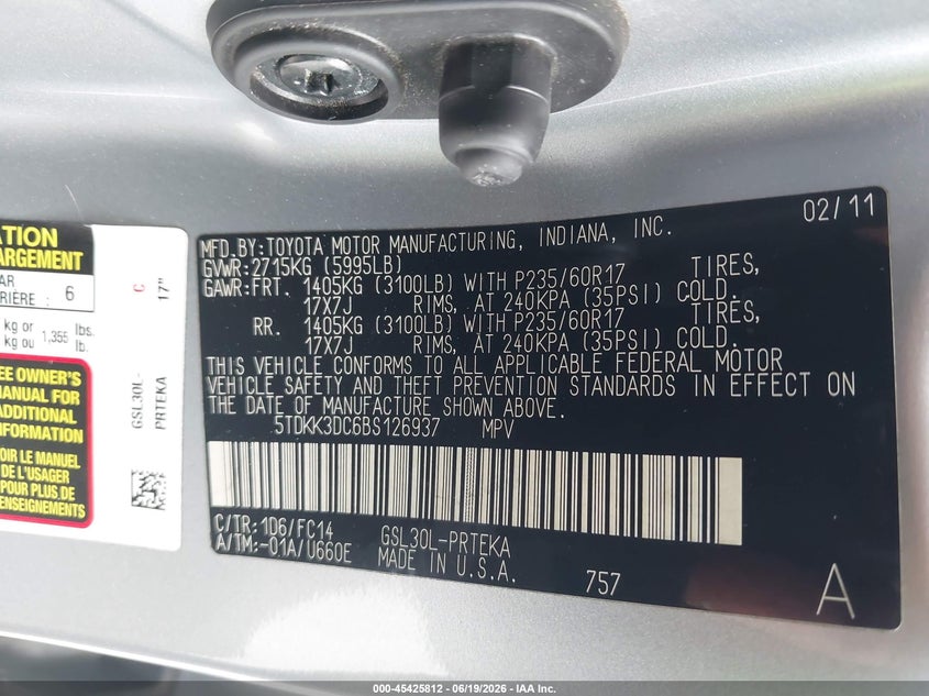 2011 Toyota Sienna VIN 5TDKK3DC6BS126937 IAAI salvage auction — FRONT END, Rebuildable (Florida), sold $1,450 on 2026-07-22 (photo 9)